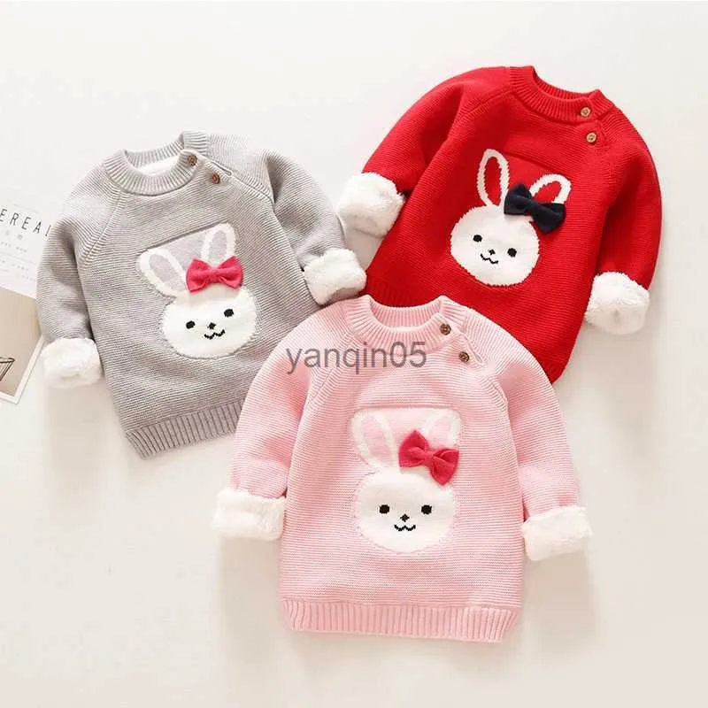 Pullover vinter varma barn kläder småbarn spädbarn tröja för babe flickor pojkar tecknad kanin plysch tröjor barns solida tröjor hkd230719