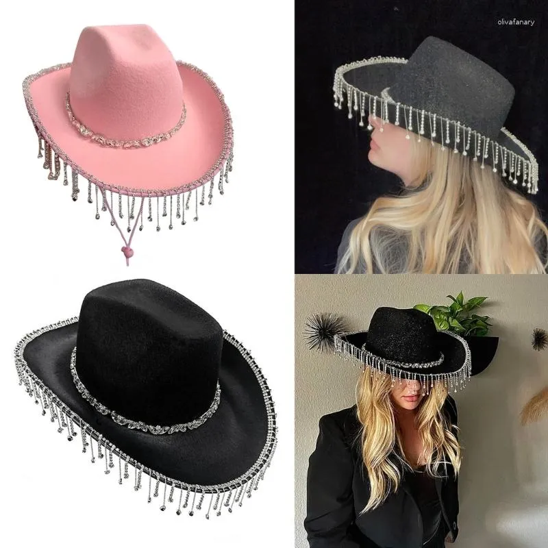 Basker skimrande cowgirl hatt vit med glittrande tofs bröllop bruddusch kristall brud för att vara gåva droppar