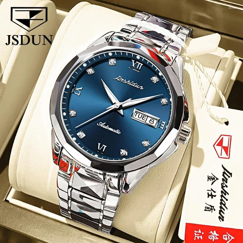 Wristwatches JSDUN Automatic Watch Men Original Luxury Tungsten Steel Strap Sapphire Mirror Waterproof Male Wristwatch Gift For Husband 8813