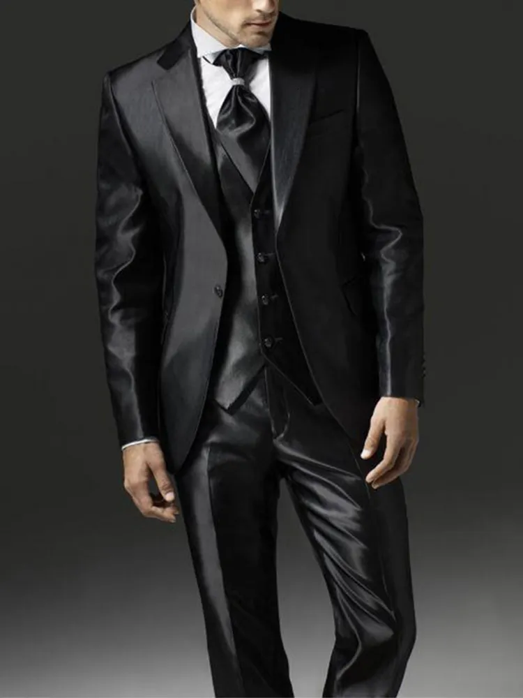 Ternos Masculinos Blazers Estilo Preto Dois Fundos Cetim Praia Ternos Masculinos Casamento Baile Ternos 3 PeçasJaquetaPantColeteTraje De Novio Para Boda 230718