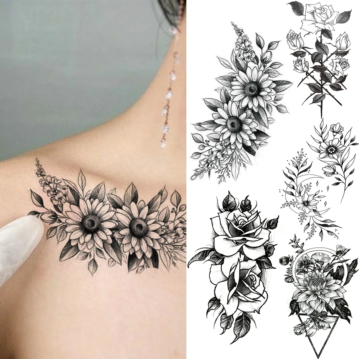 Noir Rose tournesol tatouages temporaires pour femmes adulte fille géométrie prune faux tatouage clavicule bras Sexy étanche Tatoos décalcomanies