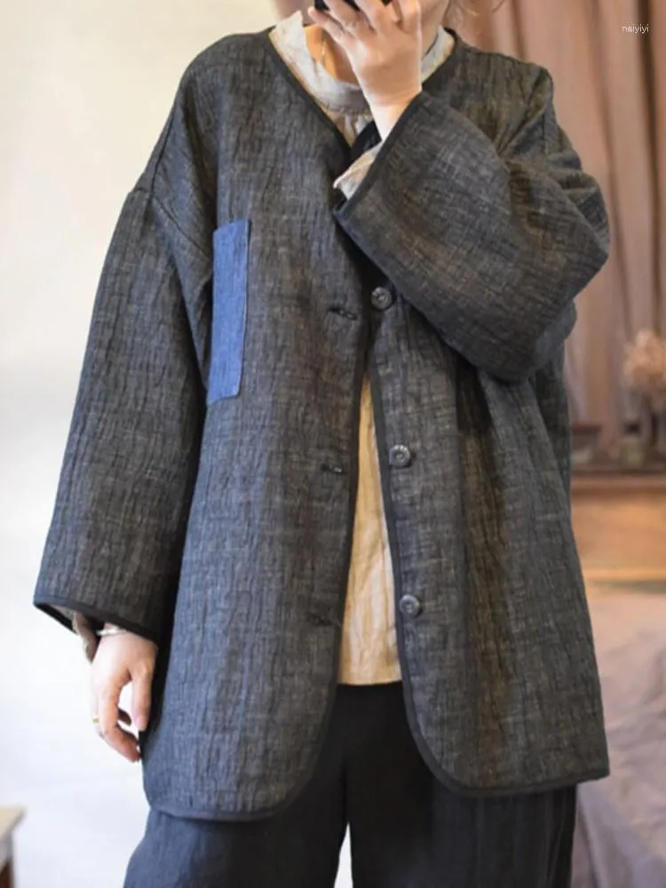 Kadın Ceketleri Kadın Sonbahar Kış Kış Çift Katmanlı Keten Ceket Ceket Bayanlar Vintage Keten Dış Giyim Kadın 2023