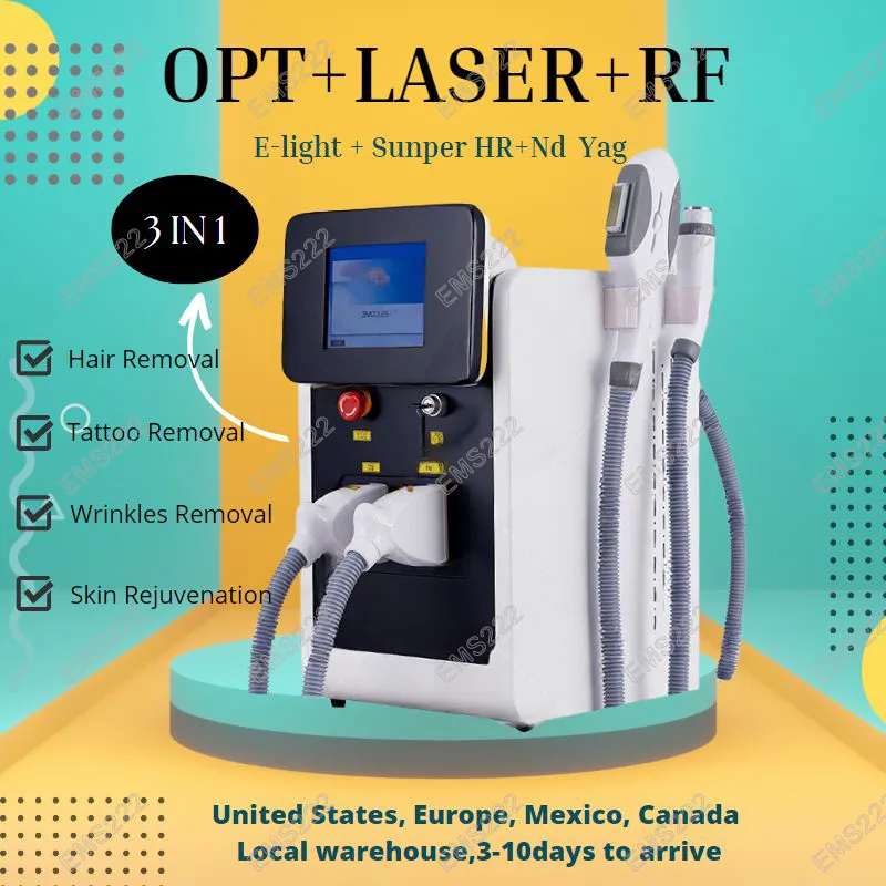 OPT LASER RF 3 في 1 آلة إزالة الشعر الإلكترونية الإلكترونية ND ND YAG ليزر إزالة الوشم الجهاز الوجه رفع بيكوسيكوند Q-switch