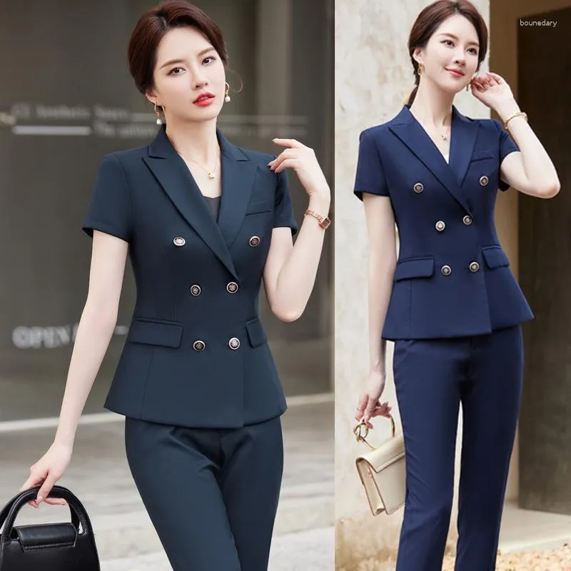 Women's Two Piece Pants Business Wear Double Breasted Suit Female Summer Jewelry Store Work El Front Desk Labor Beautician Temperament Offi