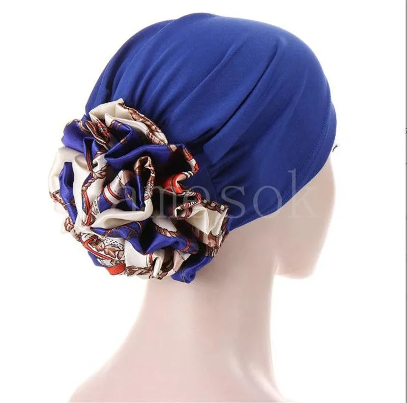 Big Flower Turban Bonnet For Women Muslim Under Hijab Caps Solid Color Islamic Inner Hijabs Headwrap Chemo Cap DE611