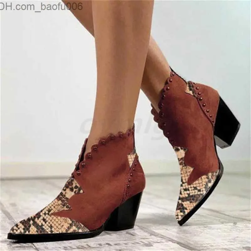 Stövlar 2022 Autumn Women's Winter Lace Pu Leather Denim Ankle Boots Riveted Women's Wedge High Heels Snake Print Botas Printless Cute Z230719