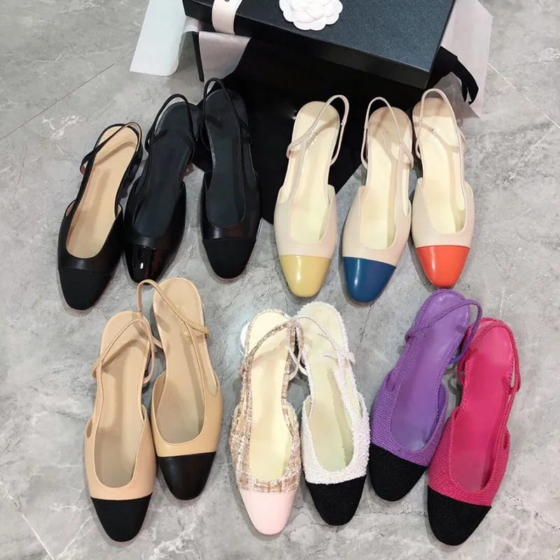 Slingback dikke sandalen lederen zool dikke blok hakken flats rond teen hoge kwaliteit damesontwerpers trouwjurk avondschoenen fabrieksschoenen met doos 34-42