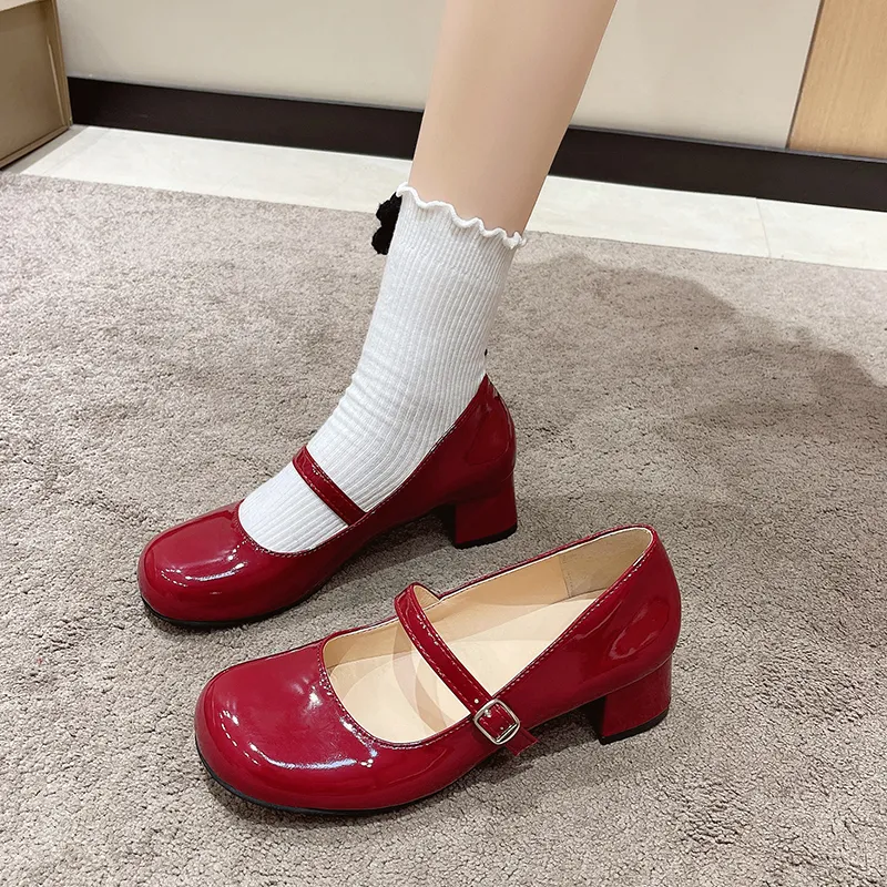 Dress Shoes Meotina Women Shoes High Heels Mary Janes Shoes Patent Leather Thick Heel Pumps Buckle Round Toe Female Footwear White Red 230719