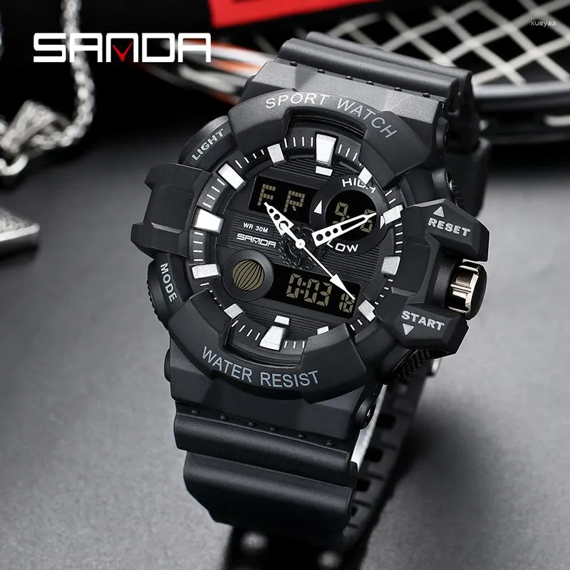 Wristwatches SANDA 2023 Men Multifunctional Dual Display Watches Alarm Clock Luminous HD LED Mountaineering Military Watch Waterproof