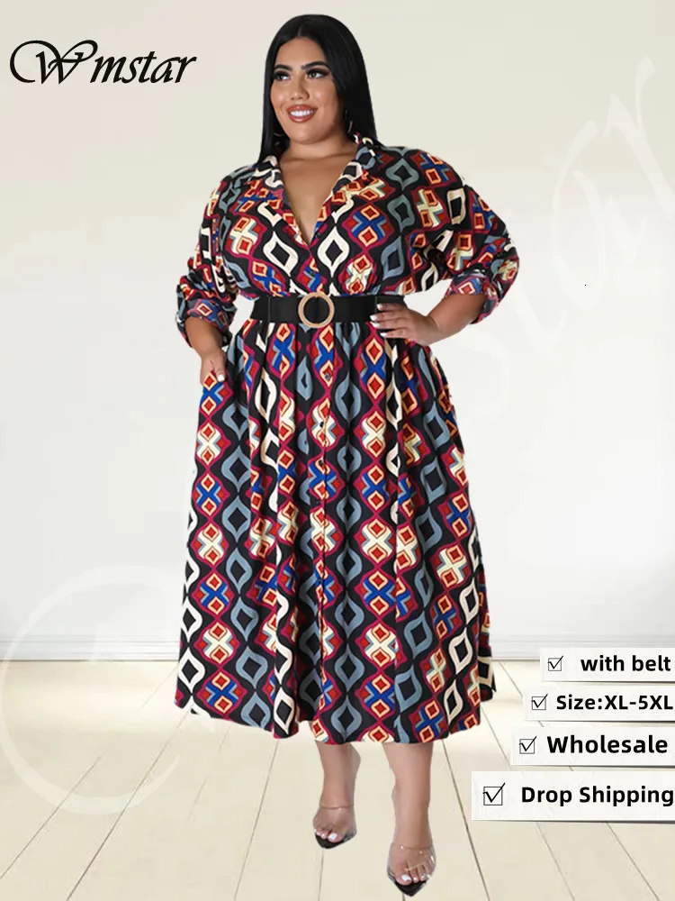 Plus size Dresses Wmstar Plus Size Dresses for Women with Belt V Neck Print Casual Maxi Dress Elegant Fashion Streetwear Wholesale Drop 230719