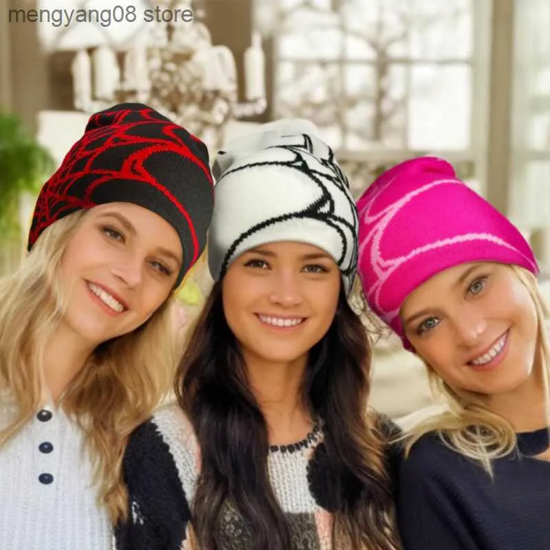 Y2K Spider Web Knit Beanie Hat Slouchy Skull Cap Spandex For