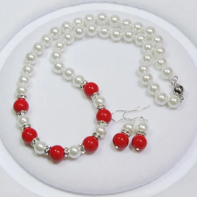 Серьги по ожерелью набор 8 мм белая раковина жемчужина /10 мм красные коралловые круглые шарики