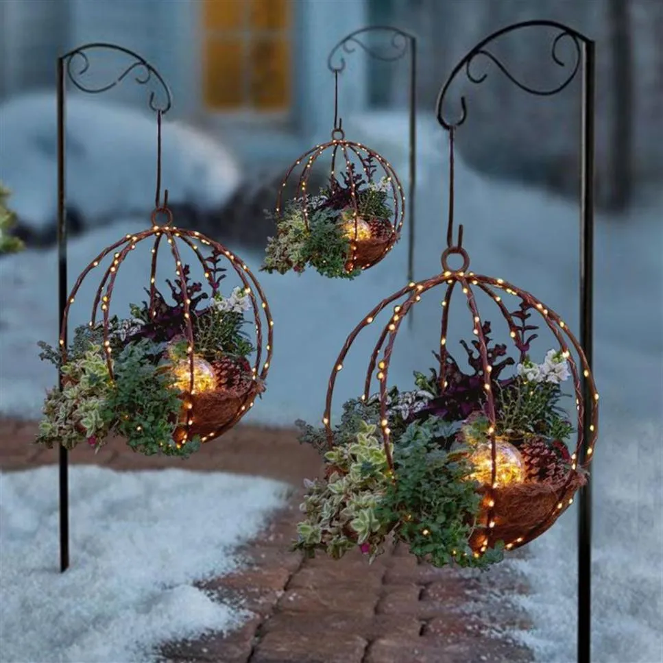 Adornos navideños, decoración colgante, cesta de flores artificiales luminosas con cadena de luz, adorno DIY para exteriores, Decor309z