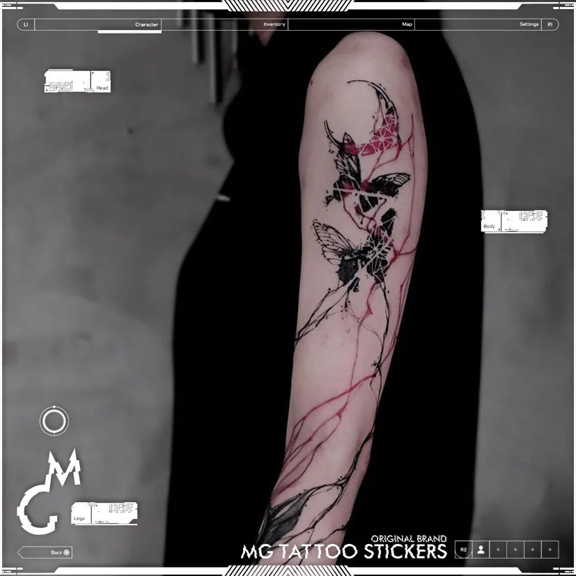 Goth Butterfly Tattoo Waterproof Temporary Tattoo Lasting Fake Tattoo for Woman Men Sexy Arm Tattoo Crack Tattoo Sticker