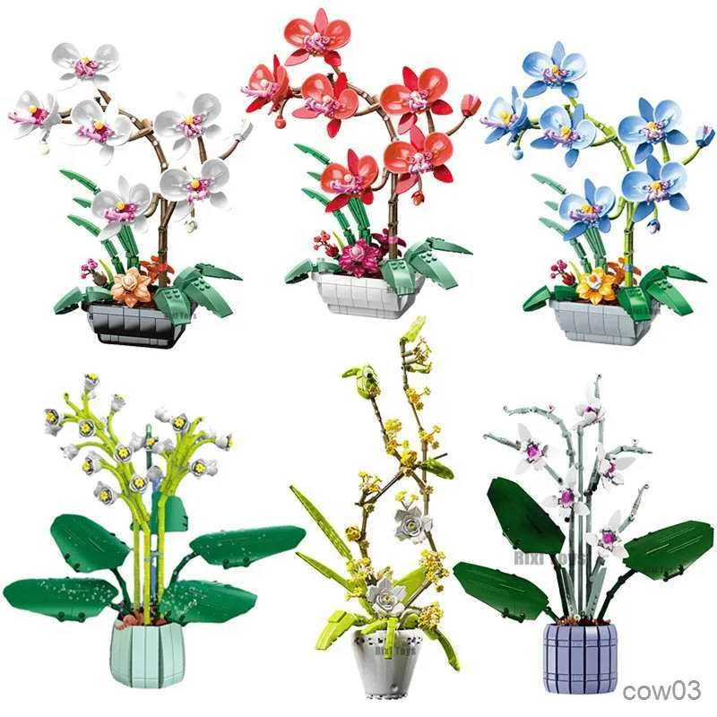Blöcke Orchidee Ewige Blumen Bonsai Bausteine Phalaenopsis Blumensträuße Pflanzen Topf Ornamente Ziegel Spielzeug Für Kinder Mädchen Geschenke R230720