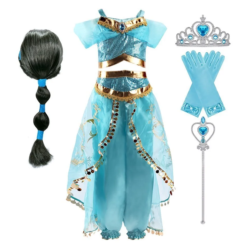 Robes pour filles Fille Jasmine Princess Vêtements Robe de jeu de rôle pour enfants Arabe Aladdin Lanterne Fleur Robe d'été Ensemble d'anniversaire d'Halloween pour enfants 230718