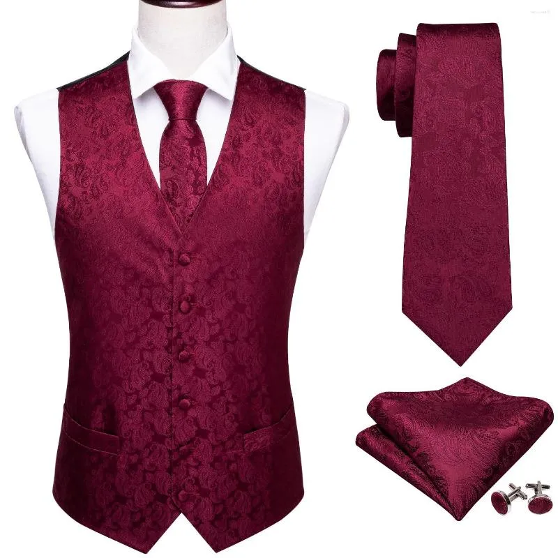 Coletes Masculinos Designer Colete Para Homens Seda Bordado Vermelho Borgonha Paisley Colete Gravata Bolso Quadrado Conjunto Slim Fit Casamento Terno Barry Wang