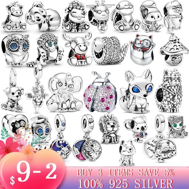 925 Sterling Silver New Fashion Women's Charm New Bladybug, Owl, Cat, Dog, Fox Beads Lämpliga för original Pandora, en speciell gåva för kvinnor