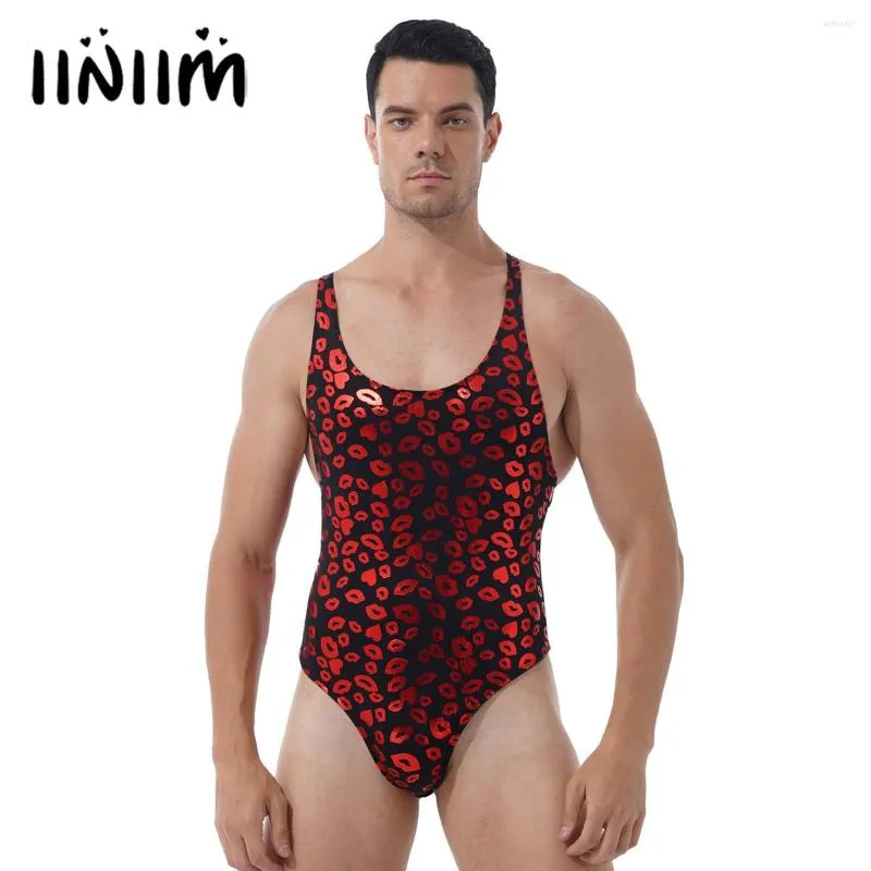 Men Bodysuit Lip/Skull Print One-piece Swimsuit High Cut Thong Leatord  Swimwear