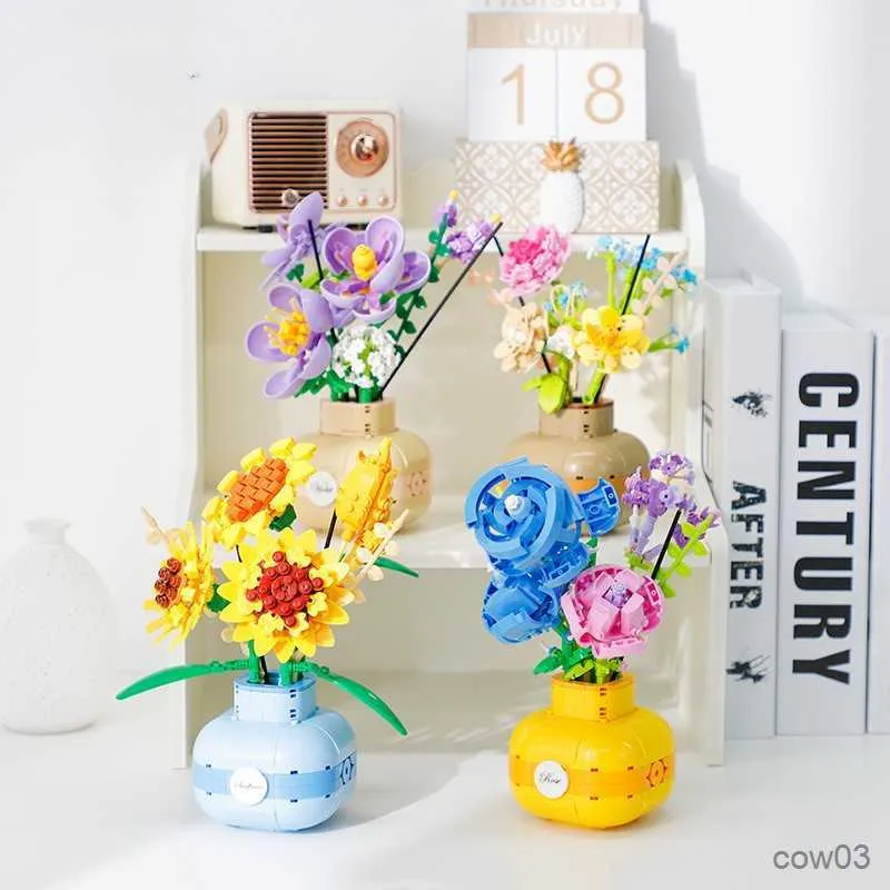 Blocks Building Blocks Flower DIY Small particle rose sunflowers Potted Bouquet Home Decoration Toys For Girls Chirstmas Birthday Gifts R230720
