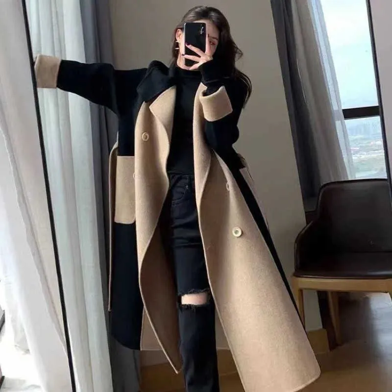 Men's Wool Blends Autumn Winter Lady Fashion Long Wool Blends Overcoat Korean Women Casual Loose Double Button Patchwork Outerwear with Waist Belt HKD230718