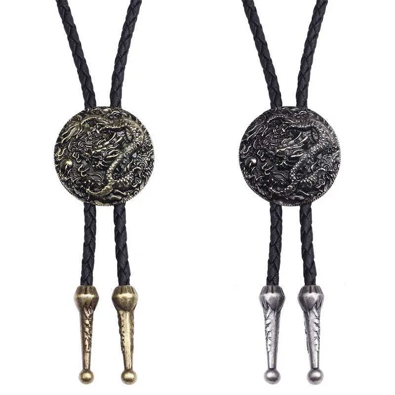 Bolo Ties Bolo Tie Naszyjnik etniczny Styl mężczyźni kobiety bolo krawat srebrny chiński smok naszyjnik skórzany naszyjnik łańcuch sweter wiszący HKD230719