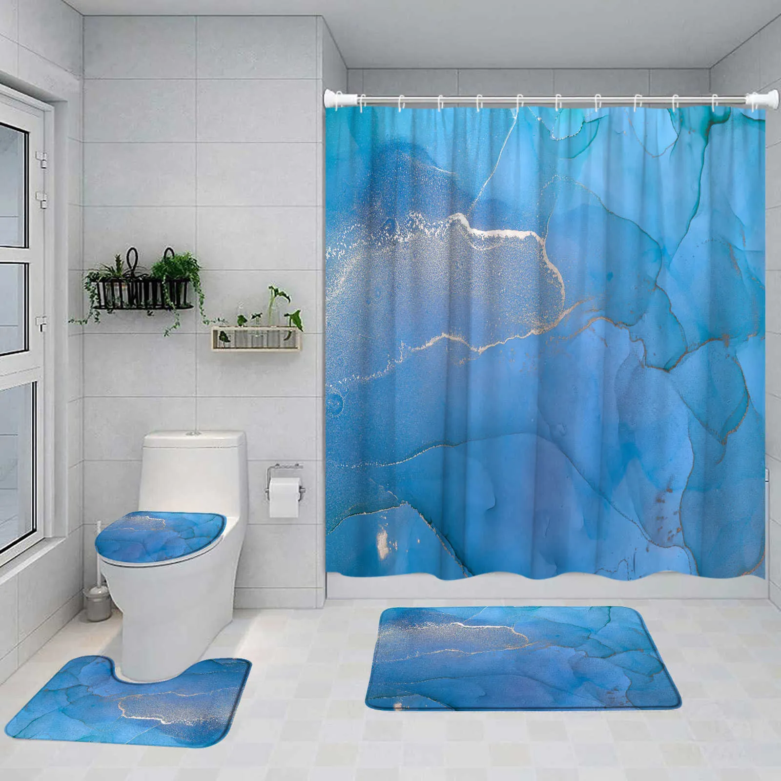 Shower Blue Marble Shower Curtain Set Art Abstract Painted Modern Bathroom Decor Bath Mat Pedestal Rug Non-Slip Carpet Toilet Lid Cover