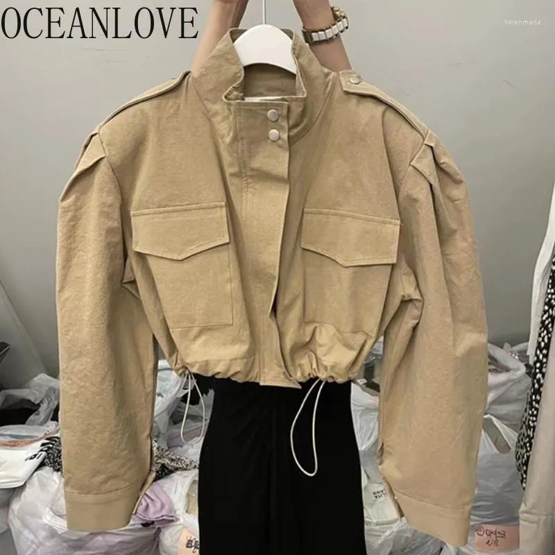 Kvinnorjackor Oceanlove Women Solid DrawString Vintage Spring Autumn Chaquetas Para Mujeres Korean Fashion Short Jaqueta Feminina