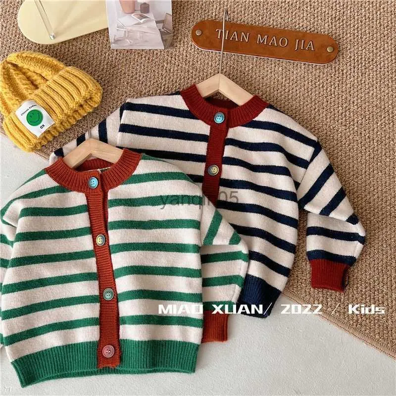 Pull 2023 filles printemps et automne tricoté Cardigan enfants bébé col rond rayé pull couche de finition HKD230719