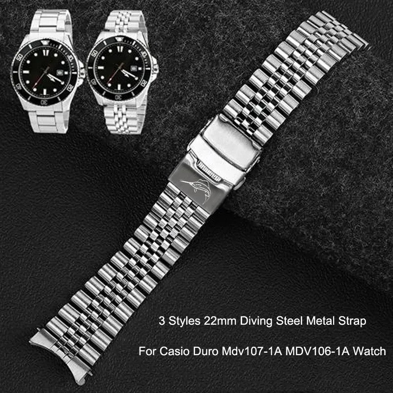 Horlogebanden 3 Stijlen 22mm Duiken Stalen Metalen Band Voor Casio Duro Mdv107-1A MDV106-1A Horloge Polsband Armband Horlogeband Vervangende Onderdelen 230718