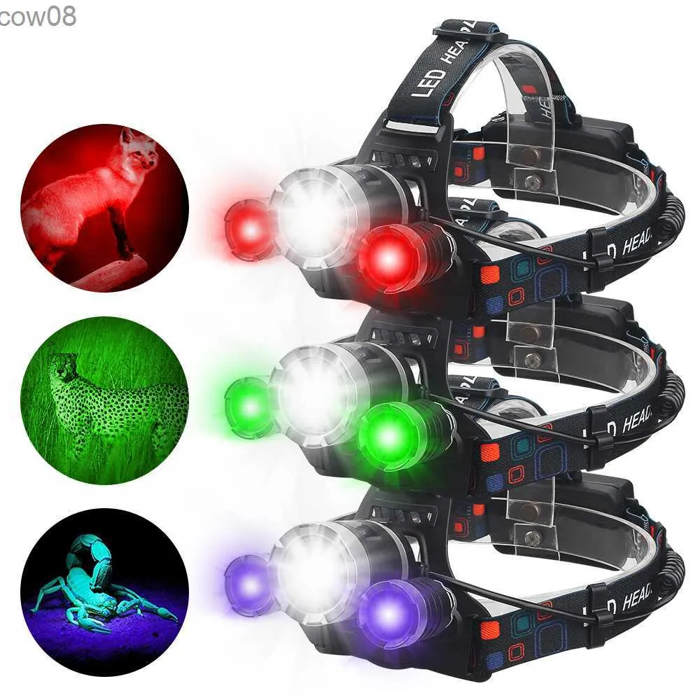 Headlamps Outdoor Red/Green/Purp Light Headlight UV395nm Headlamp 4 Gear D Beekeeping Headlight Hunting Scorpion Catcher Headlight HKD230719