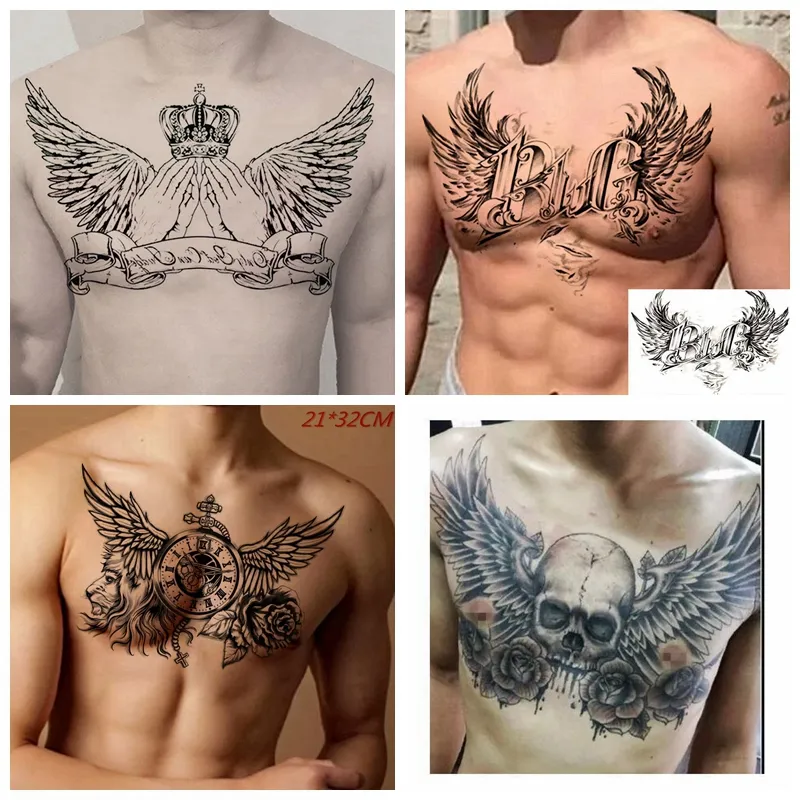 Teufelsflügel Schädel Kreuz Tattoo Aufkleber Männer und Frauen Rücken Brust Wasserdicht Blume Löwe Körperkunst Fake Tattoo Cool Tattoo Aufkleber
