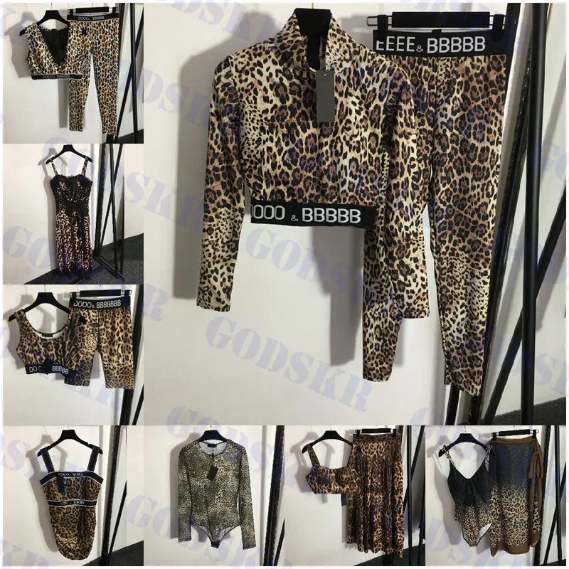 Roupas femininas com estampa de leopardo, vestido de grife sexy, conjunto de ioga para senhoras, mangas compridas, com almofada no peito, biquíni de verão, muitos estilos