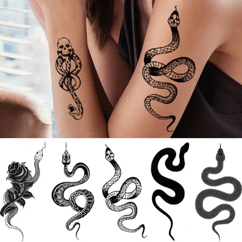 Autocollants de tatouage temporaire serpent noir pour femmes hommes corps taille étanche faux tatouage vin foncé grande taille serpent tatouage