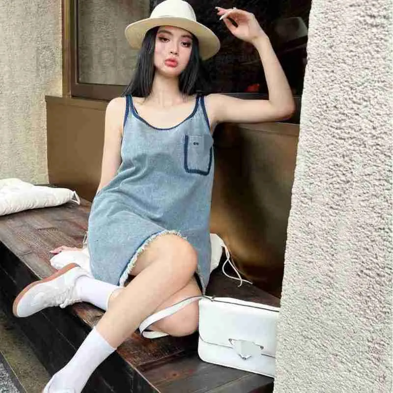 Urban Sexy Dresses designer raw edge sleeveless Denim skirt vest women's long cotton soft comfortable loose casual feeling AXLU