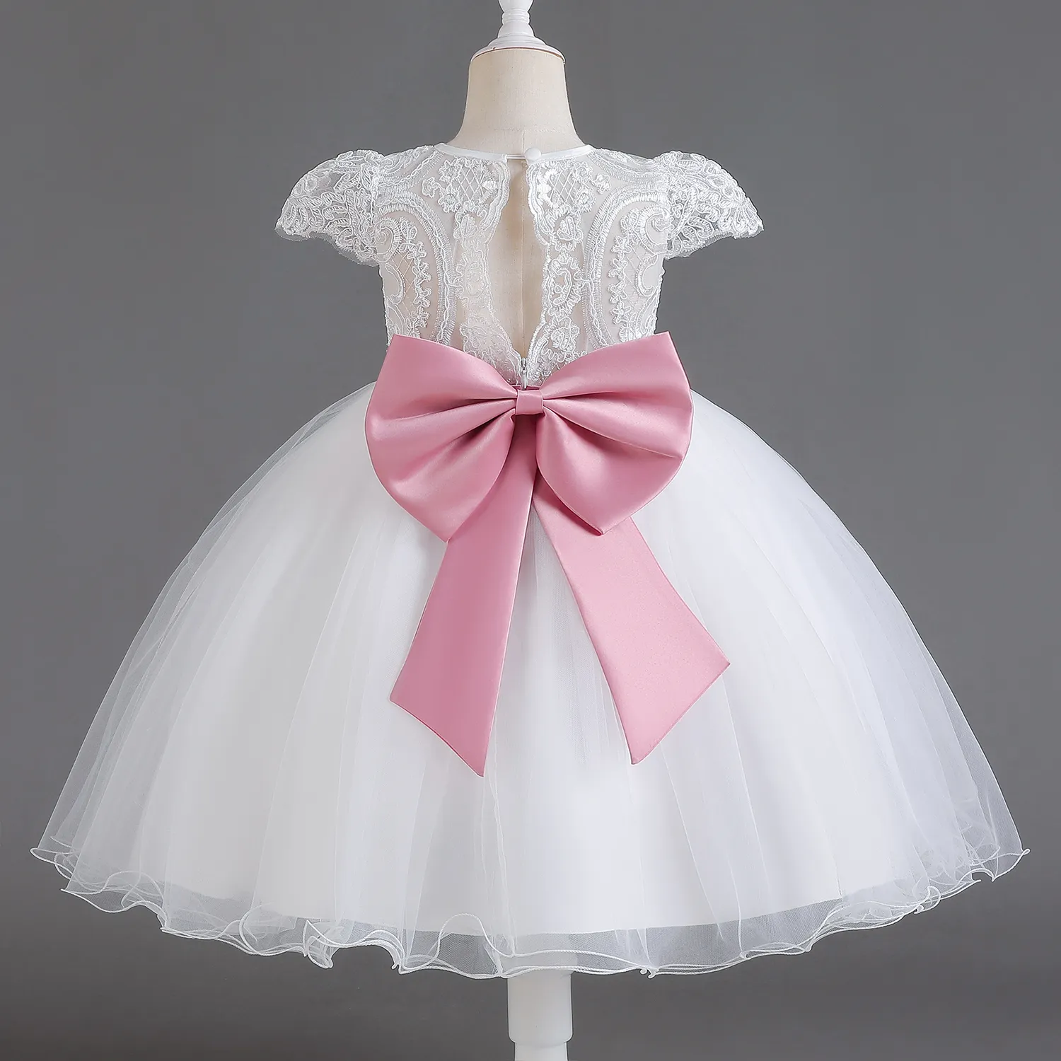 Elegantes Mädchen Spitze Blumenkleid Kind Weiß Erstkommunion Bogen Kostüm Kinder Formale Gala Kleidung Geburtstag Hochzeit Party Tutu Kleid