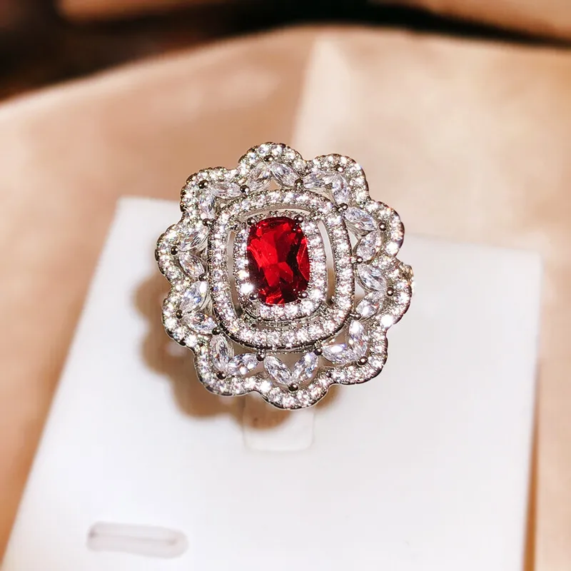 Joias da moda feminina anel de casamento doce forma de flor cristal vermelho zircão diamante anel de ouro branco namorada festa presente de aniversário ajustável