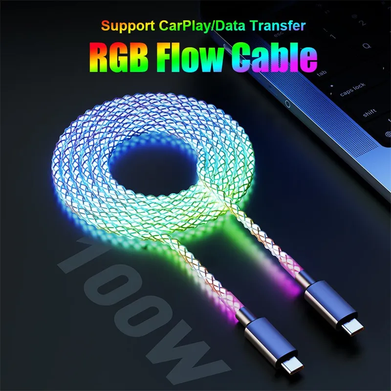 6A Fast Charging RGB Breathing Luminous Gradient Light Data Cable 66W TYPE-C Charger For iPhone Huawei Samsung USB C Data Cable