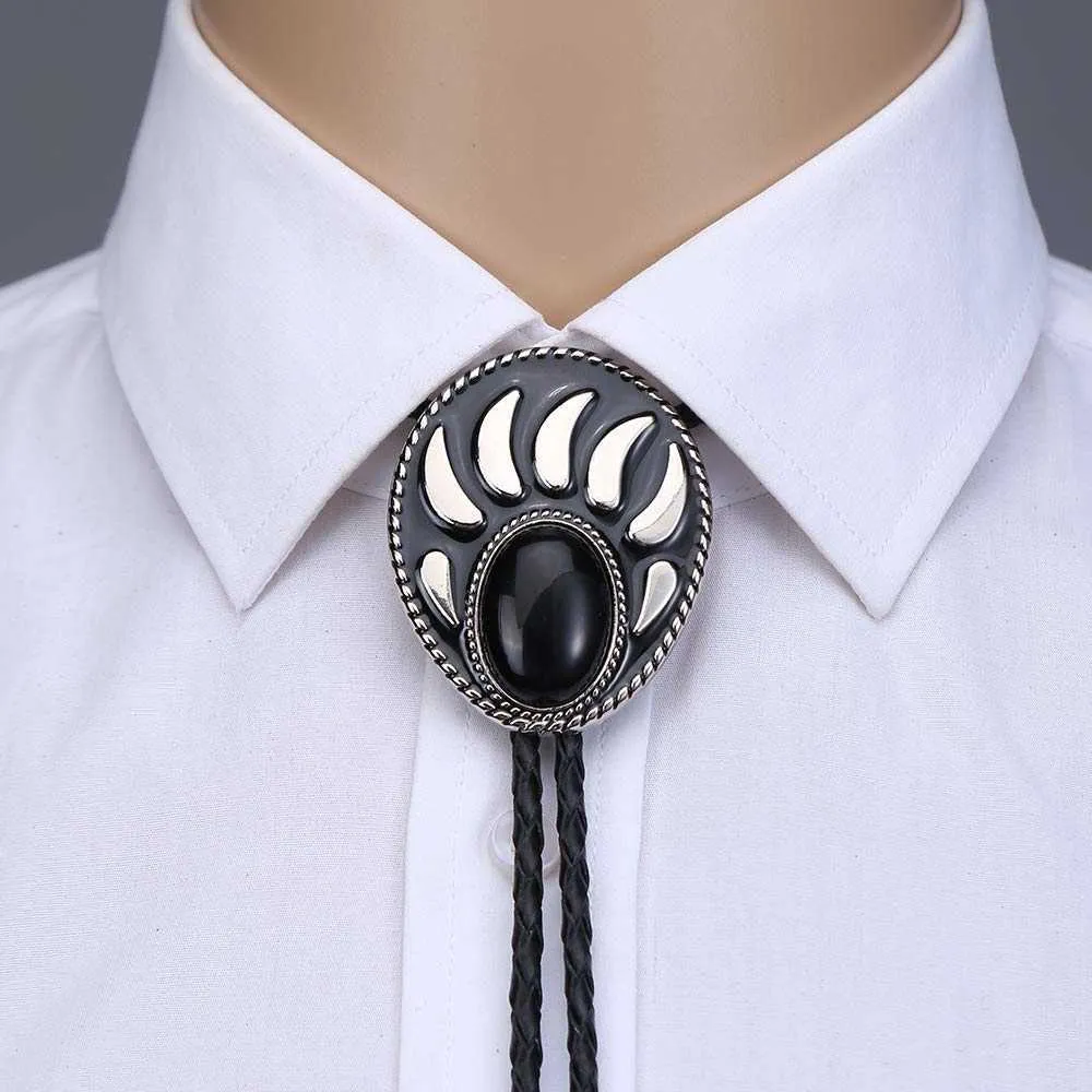 Bolo Ties moda turkusowa niedźwiedź paw bolo krawat dla mężczyzny kowbojski western cowgirl land linowa linka cynkowa krawat HKD230719