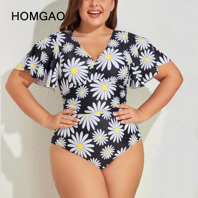 Costumi da bagno da donna HOMGAO Costume da bagno sexy con controllo della pancia a fiori neri Costume da bagno intero taglie forti Retro volant 2023 Abbigliamento da spiaggia