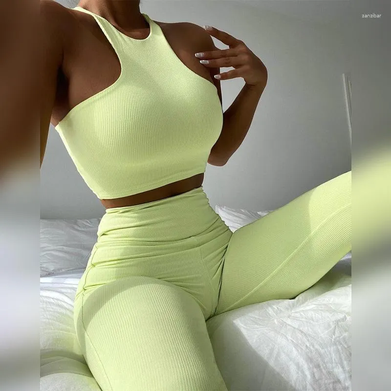 Women's Two Piece Pants European-American Summer Style Solid Color Pit Bar Exercise Yoga Two-Piece Fashion Suit