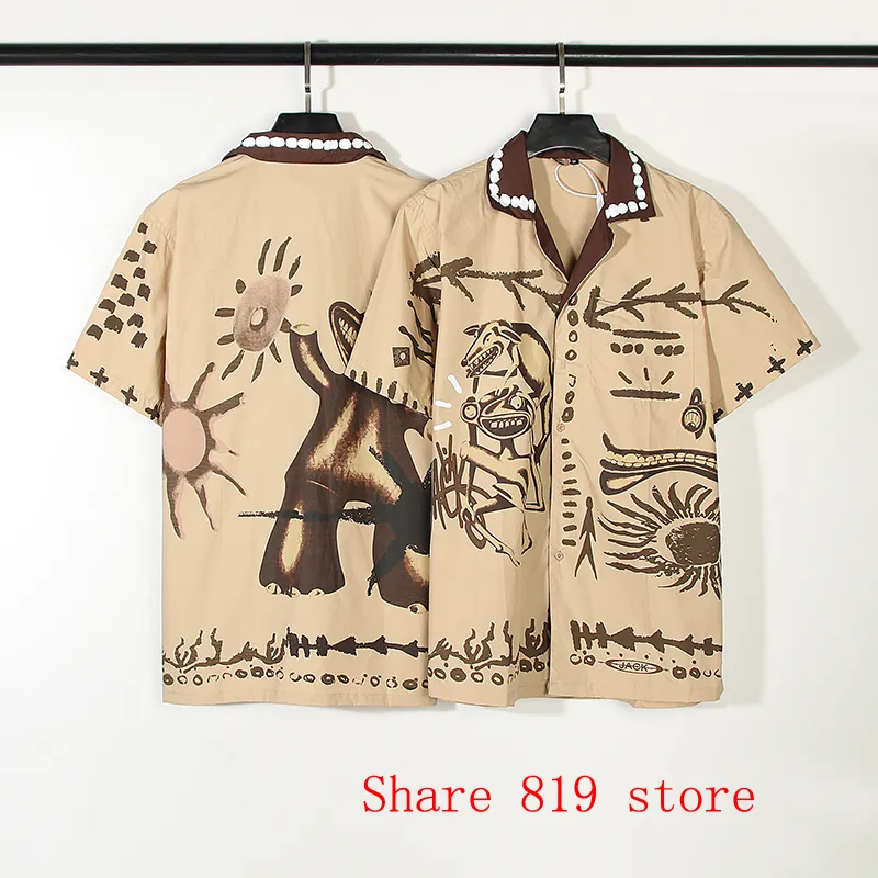 メンズカジュアルシャツKhaki Cactus Jack Paintor Cartoon Men Men Mens High Quality Button Up Turndown Collar半袖230718