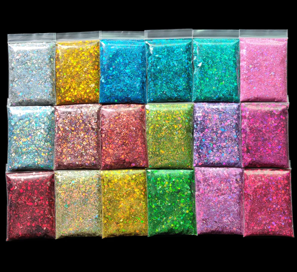 Nagelglitzer, 100 g/Beutel, sechseckig, holografisch, kurz, fett, glänzende Nagelspitze, glänzendes Pulver, Meerjungfrau, dünne Folie, glänzendes Harz, Kristallschlamm, 230718