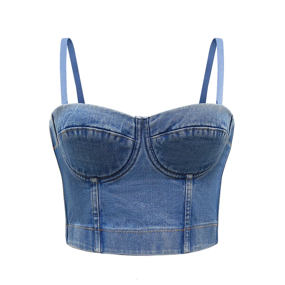 Kadın Tankları Camis Crop En İyi Kadın Tank Yaz Üst Kırpılmış Kadın Giysileri Seksi Camis Push Yukarı Denim Sutyen Kıyafetleri Arka Bağlanmaz Budier Party Club Yelek 230718