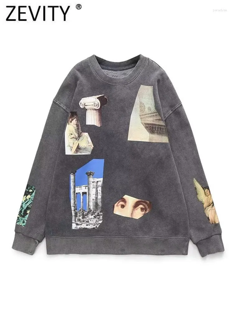 Vrouwen Truien Zevity Vrouwen Mode Contrast Foto Print Casual Fleece Sweatshirts Femme O Hals Lange Mouwen Chic Truien Tops H3475