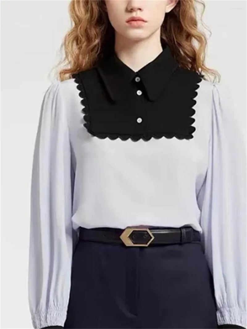 Women's Blouses Women Scallop Trim Blouse Contrast Color Long Sleeve Turn-down Collar Shirt With Buttons Autumn 2023