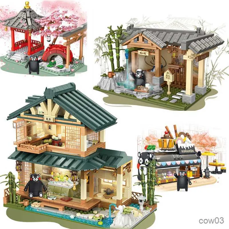 Blocks NEW Kumamon Bear City Stree View Sakura Flowers House Building Blocks DIY Coffee Shop Country Bricks Toys Gifts For Kids Boys R230720