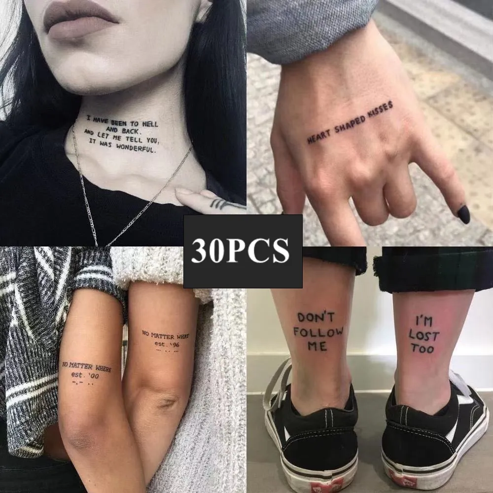 30PCS Waterproof Temporary Tattoo Sticker Black Devil Doesn't Sleep English Letters Flash Tatoo Fake Tatto Neck Wrist For Woman