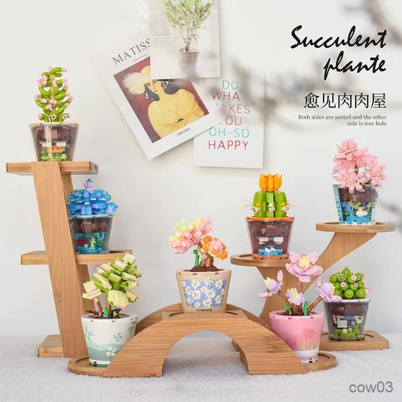 Blocks Creative Potted Flowers Cactus Interior Decoration Ornaments Building Blocks Toys Girls Christmas Gifts R230720