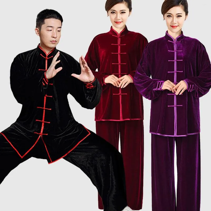 Ethnic Clothing Chinese Tang Autumn Winter Tai Chi Suit Thickened Golden Velvet Men Women Morning Martial Arts Performance Boxing Training